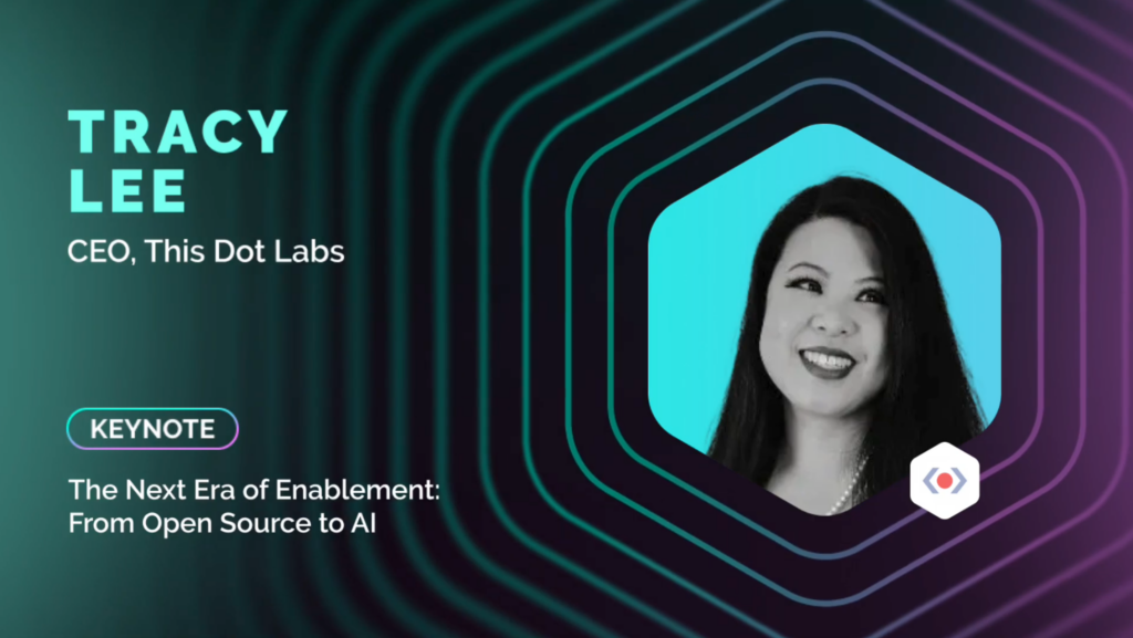 Promotional slide for GitKon 2025 keynote by Tracy Lee, CEO of This Dot Labs, titled "The Next Era of Enablement: From Open Source to AI", with a speaker headshot on a stylized gradient background.